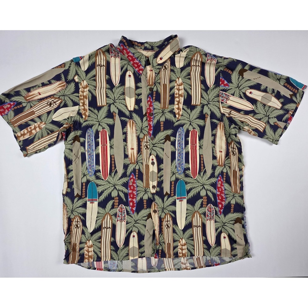 Reyn Spooner Long‎ Board Surf Palm Trees Short Sleeve Hawaiian Shirt Size XL